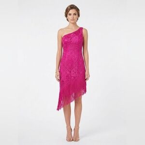 Sue Wong Fuchsia One-Shoulder Soutache & Fringe Cocktail Dress Size 4/6